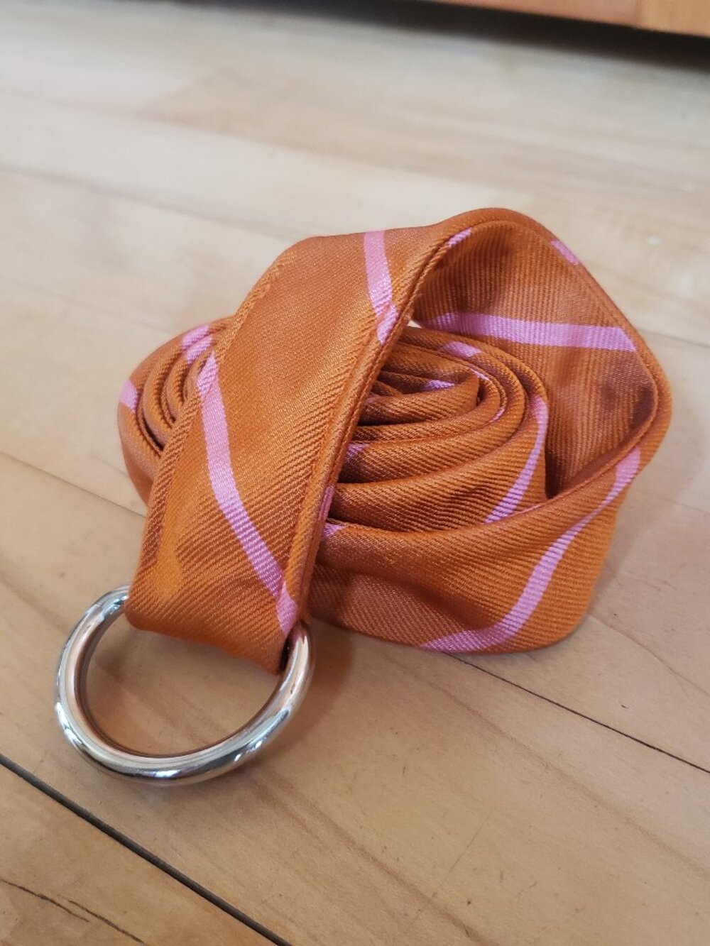 J Crew Orange Pink 100% Silk Tie D ring Belt S/M Preppy Y2K Coastal Collegiate